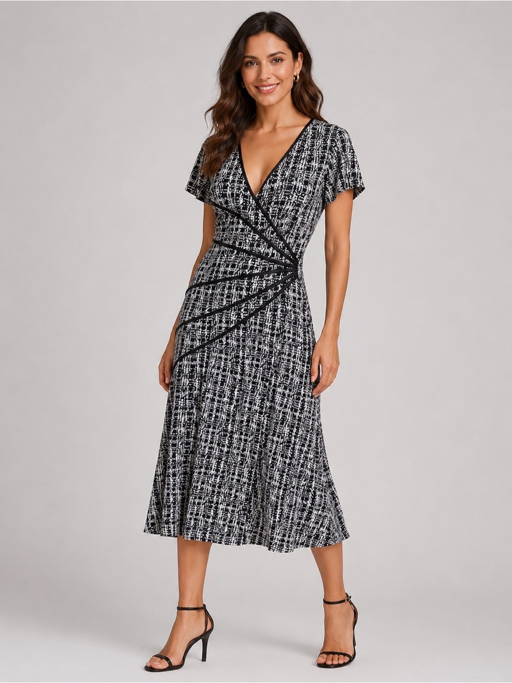 connected apparel Black & White V‑Neck Wrap Midi Dress with Textured Print
